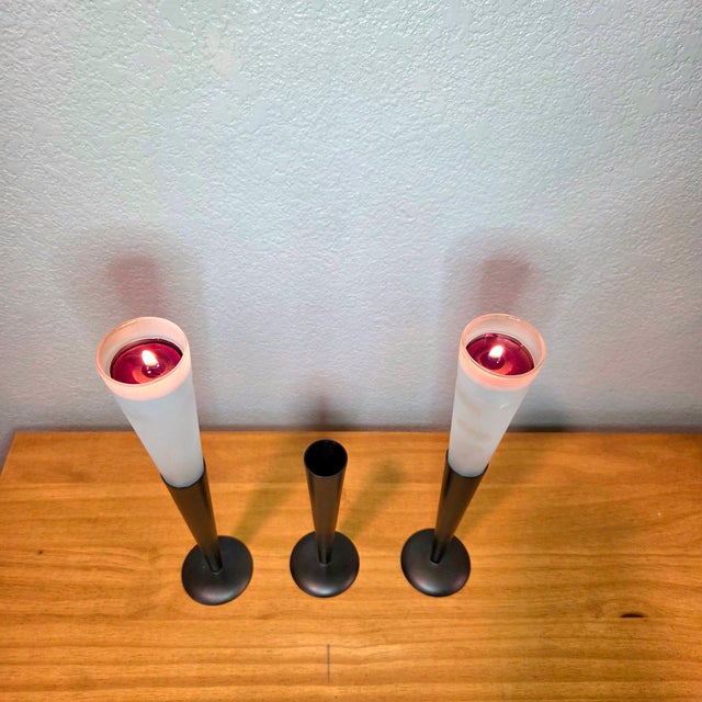 Set of 3 Northern Lights Malibu Tealight Holders, Matte Black Metal & Frosted Glass Modern Candle Stands For Sale - Image 4 of 11