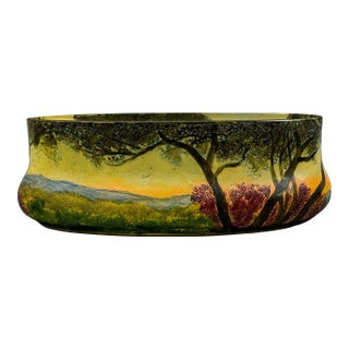 Legras France Signed Scenic Landscape Enamel Cameo Glass Jardiniere Bowl Vase For Sale