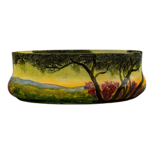 Legras France Signed Scenic Landscape Enamel Cameo Glass Jardiniere Bowl Vase