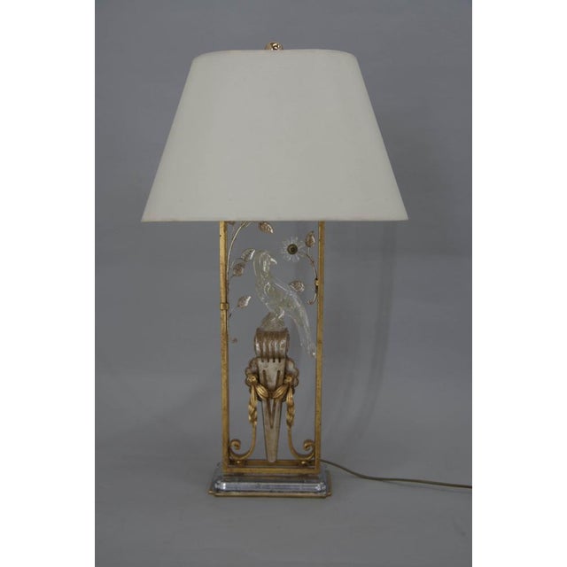 Beautiful big table lamp with crystal parrot and leaves with fabric shade. Attributed to Maison Begués. Original...