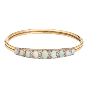 Late 19th Century Antique Victorian Opal Diamond Bangle Bracelet 14k Yellow Gold Fine Jewelry