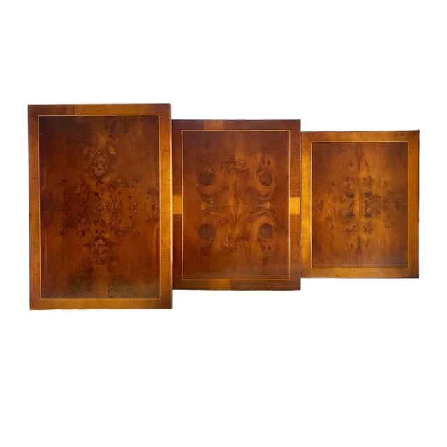 Late 20th Century Vintage Inlaid Burr Yew and Mahogany Faux Bamboo Nesting Tables - Set of Three For Sale - Image 9 of 10