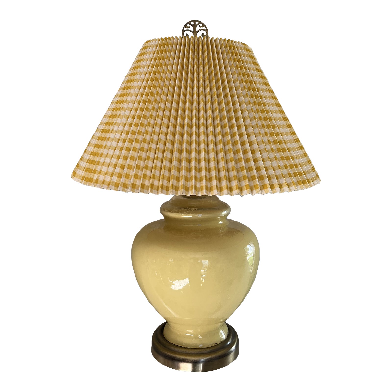 Vintage Yellow Ginger Jar Lamp With Pleated Plaid Shade Chairish