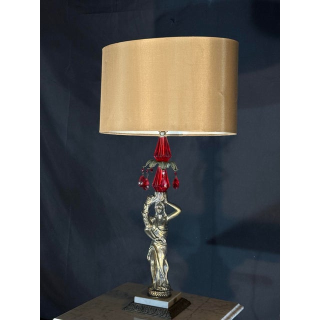 Hollywood Regency 2000s Hollywood Regency Gold Figural Table Lamp With Red Crystals For Sale - Image 3 of 5