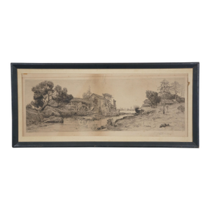 Antique James J Calahan Signed Panaramic Water Mill Riverscape Etching 25"