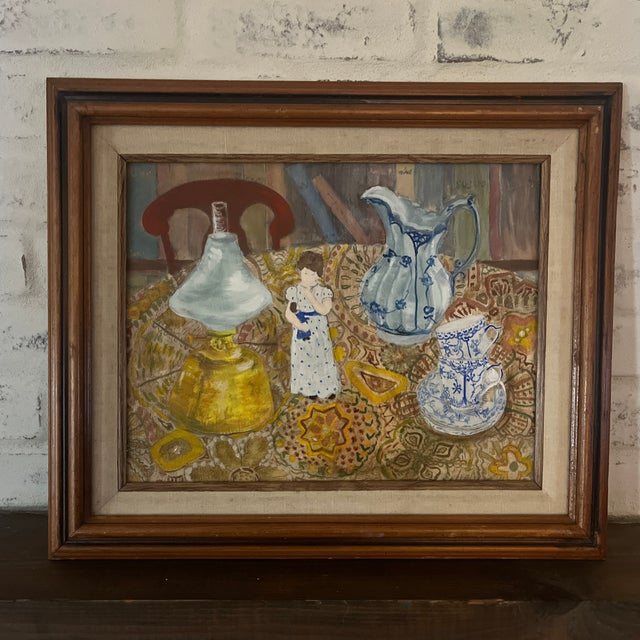 Royal Blue Vintage Oil Painting Still Life Blue & White Porcelain Kerosene Lamp Signed “The Royal Copenhagen” For Sale - Image 8 of 10
