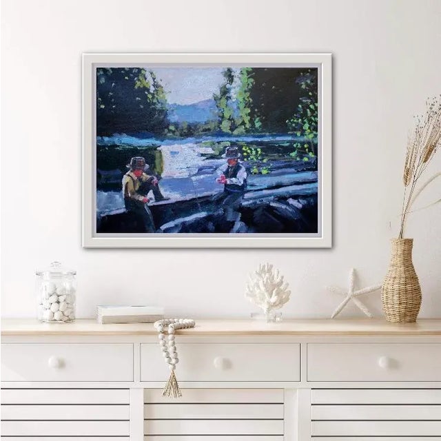 Quiet Places & Coastals, Fishermen, Dinner Break — Contemporary Impressionist Oil Painting Original oil painting by Lisa...