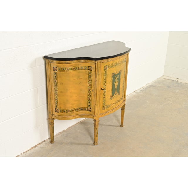 Baker Furniture Company Italian Neoclassical Paint Decorated Demilune Console or Bar Cabinet For Sale - Image 4 of 14