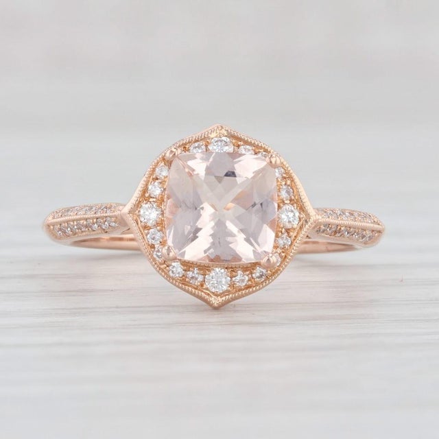 Art Deco New 1.05ctw Morganite Diamond Halo Ring 18k Rose Gold Size 6.5 Engagement For Sale - Image 3 of 8