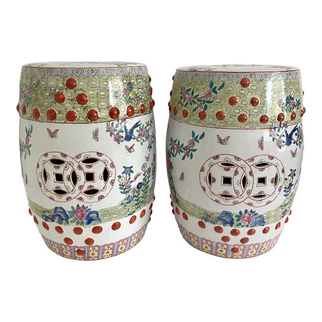 Pair of Famille Rose Porcelain Garden Stools Circa 1900 For Sale