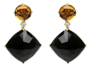 18K Yellow Gold 1/5 Cttw Diamond with Round Yellow Citrine and Cushion Cut Black Onyx Gemstone Dangl