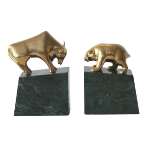 Late 20th Century Art Deco Brass & Marble Bull and Bear Bookends- A Pair