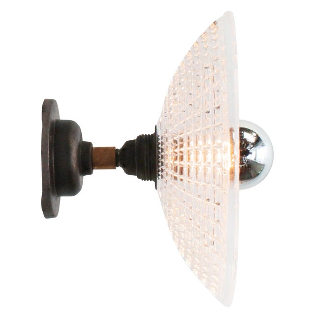 Holophane Glass, Cast Iron, and Brass Wall Lamp For Sale - Image 3 of 7