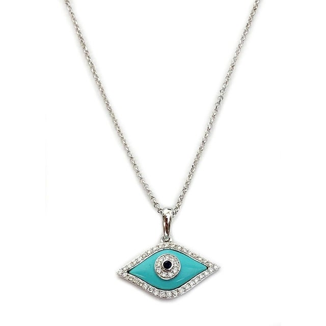 Mid 20th Century Mid 20th Century Diamond Turquoise Sapphire 18k White Gold Evil Eye Pendant Necklace For Sale - Image 5 of 8