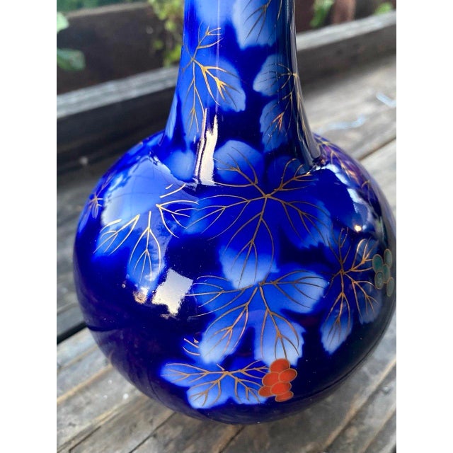Blue Vintage Fukagawa Arita Cobalt Blue Porcelain Vase With Gilt Leaves For Sale - Image 8 of 9