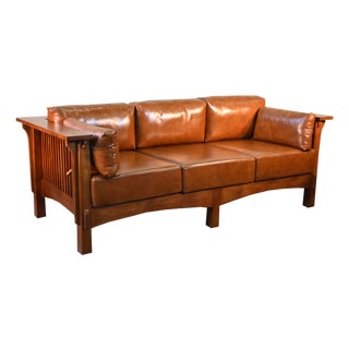 Crafters and Weavers Mission Crofter Sofa, Solid Quarter Sawn Oak and Leather Cushions in Russet Leather For Sale