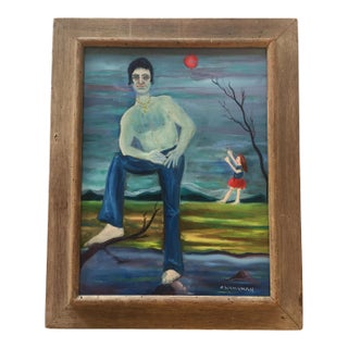 Vintage Modernist Painting Girl With Baloon For Sale