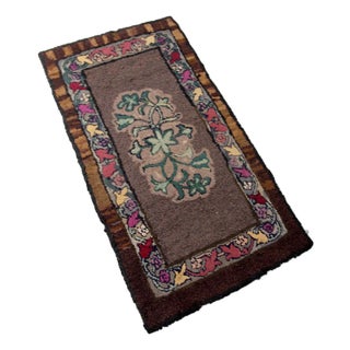 Antique Hand Hooked Floral Wool Rug With Brown Field and Colorful Border For Sale