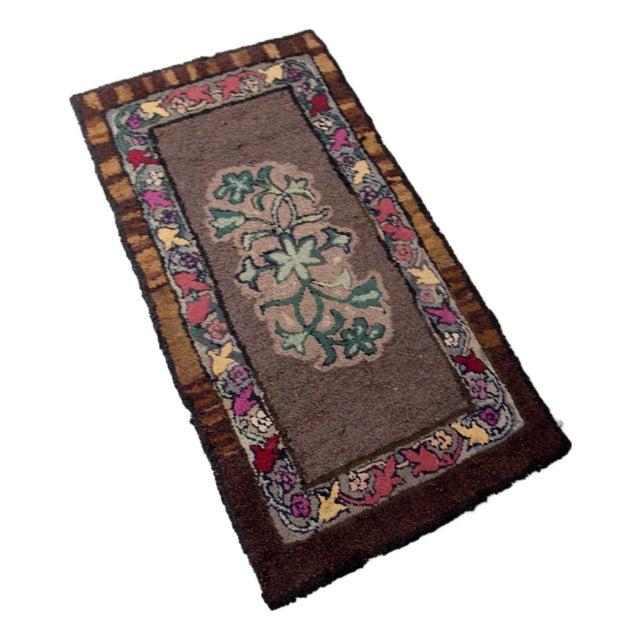 Antique Hand Hooked Floral Wool Rug With Brown Field and Colorful Border For Sale