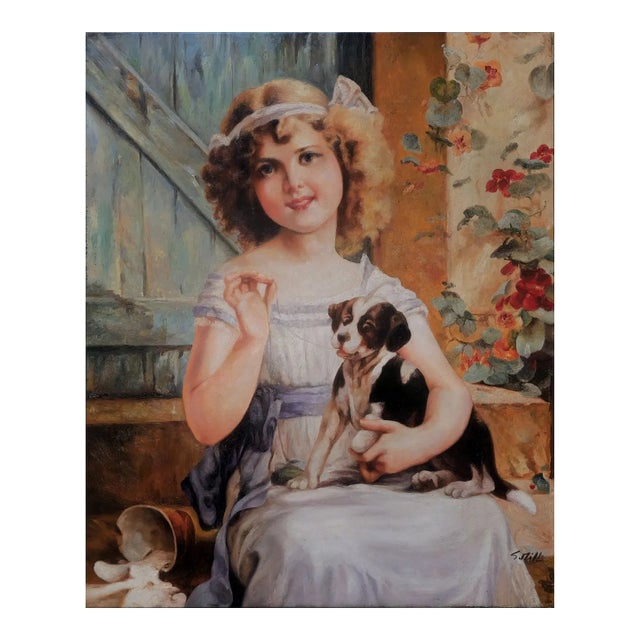 Mid-20th Century Signed S. Tille - Portrait of a Young Girl With Puppy, Oil on Canvas For Sale