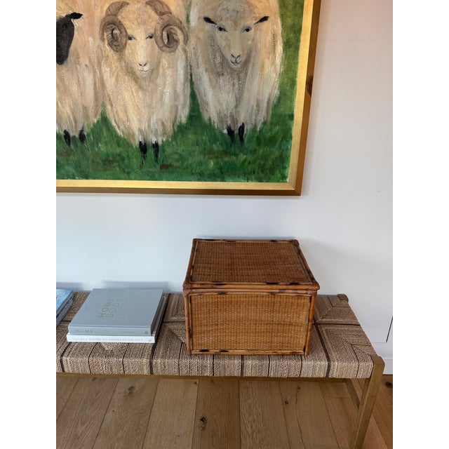 Chinoiserie Late 20th Century Extra Large Hinged Tortoise Bamboo and Woven Cane Storage Box For Sale - Image 3 of 9