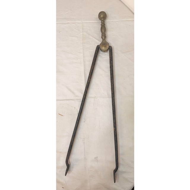 Antique 18th Century Wrought Iron Turned Brass English Fireplace Tongs Tool 4 For Sale - Image 4 of 9