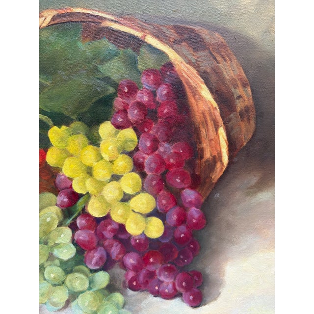 Large luscious colorful original mid century painting of grapes tumbling from a natural wood basket. Robust colors and...