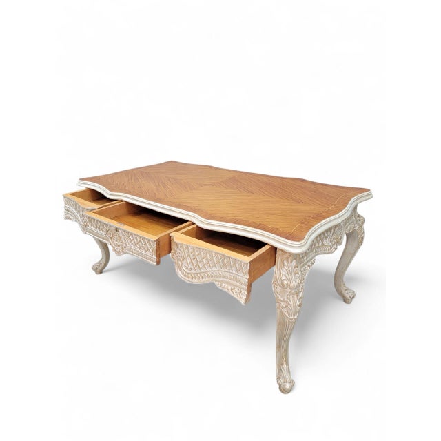 Vintage French Provincial Style Carved Antique White Writing Desk For Sale In Chicago - Image 6 of 12