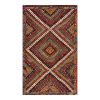 1960s Vintage Persian Soumak Handmade Brown Geometric Wool Rug For Sale