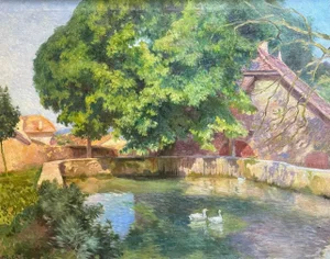 Henri Edouard Brosset, Pond with Ducks, Oil on Canvas