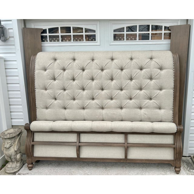 Wood King Sleigh Bed Vintage Transitional Style Tufted Upholstered Linen Taupe For Sale - Image 10 of 15