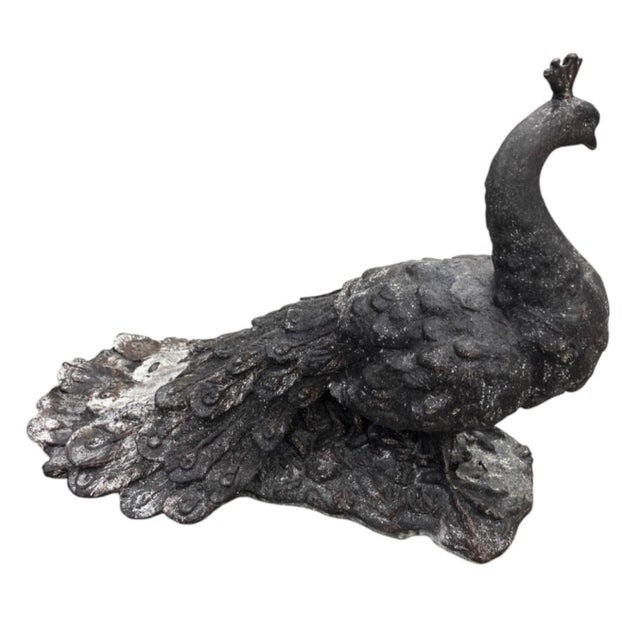 Metal Vintage Cast Iron Peacock Statue - Weathered Architectural Garden Sculpture For Sale - Image 7 of 12