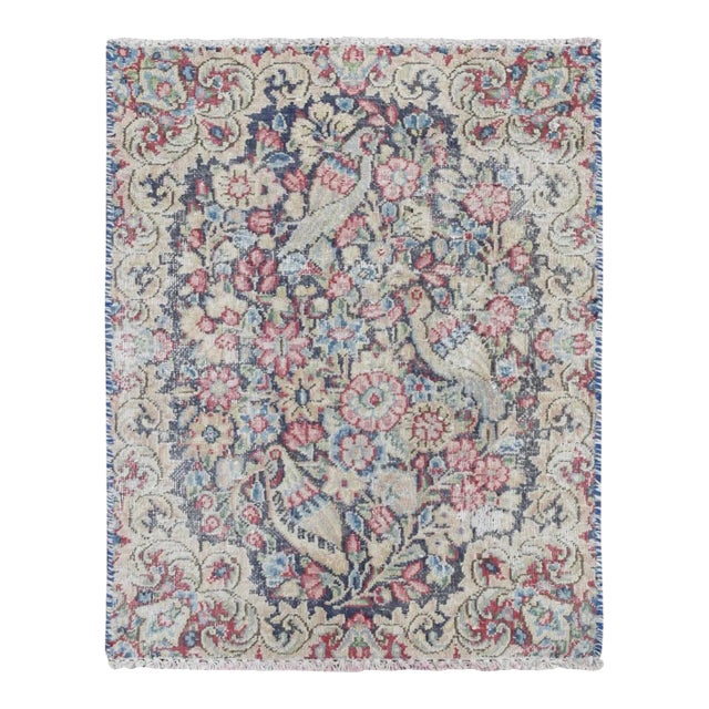 1960 Blue Pure Wool Vintage and Worn Persian Kerman Hand Knotted Mat Rug 1'6"x2' For Sale