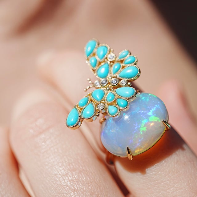 Nina Zhou Jewelry Nina Zhou 10.6ctw Turquoise Diamond Butterfly on Opal Ring (One of a Kind) For Sale - Image 4 of 4