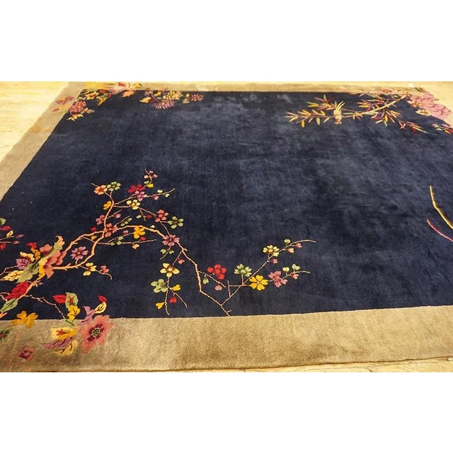 1920s Blue Navy Flowers Birds Antique Chinese Art Deco Carpet 9' X 11'10'' Knotted Wool Rug For Sale - Image 4 of 14