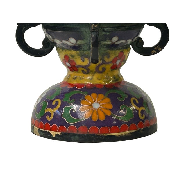 Yellow Chinese Metal Blue Yellow Enamel Cloisonne Ding Shape Incense Burner Figure For Sale - Image 8 of 13