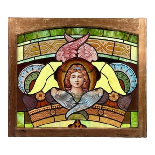 19th Century Stained Glass Window With Painted Angel Portrait in Original Frame For Sale