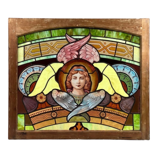 19th Century Stained Glass Window With Painted Angel Portrait in Original Frame For Sale