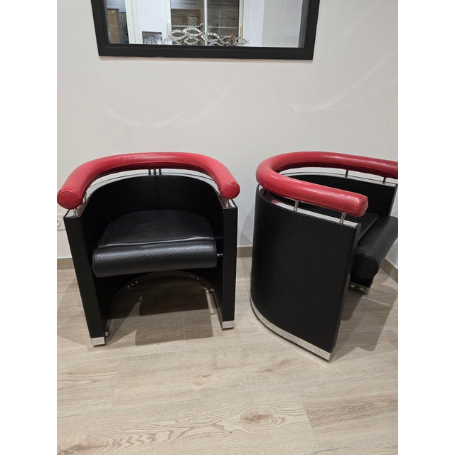 Armchairs in Black and Red Leather Chrome, 1980s, Set of 2 For Sale - Image 17 of 17