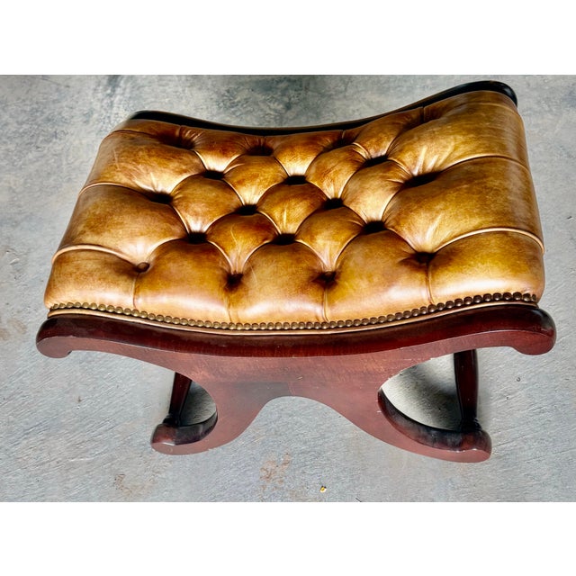 Cora 1920 English Mahogany Chesterfield Leather Stool For Sale - Image 4 of 11