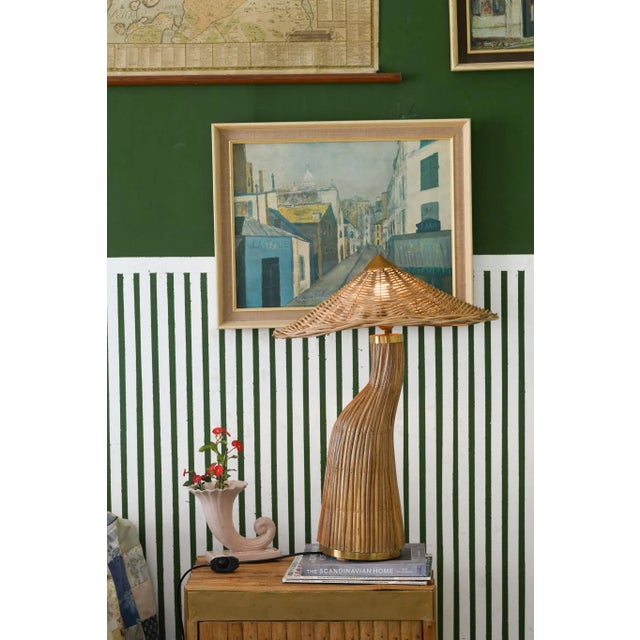 Wood Mid-Century Modern Pencil Reed Rattan Scupltural Shroom Shaped Table Lamp For Sale - Image 7 of 7