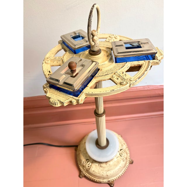 Art Deco Cast Iron and Cobalt Glass Standing Ash Tray With Lit Base For Sale - Image 4 of 5