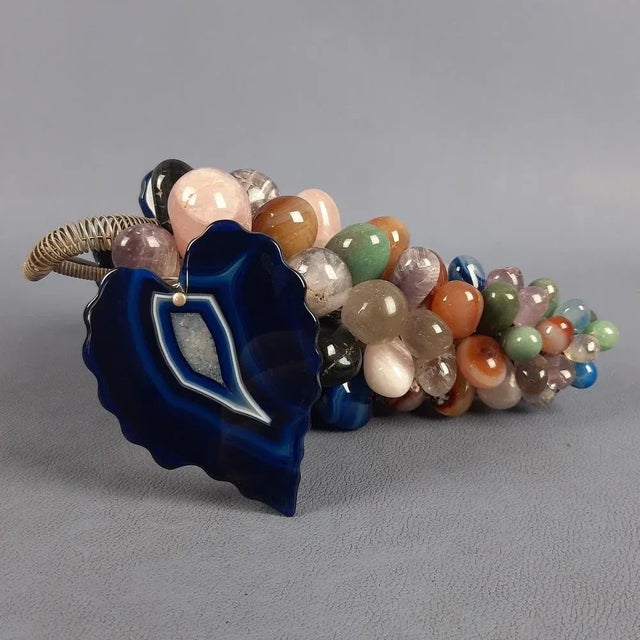 Vintage Bunch of Grapes Sculpture in Various Natural Hard Stones and Blue Agate Leaves, 1960s For Sale - Image 12 of 12