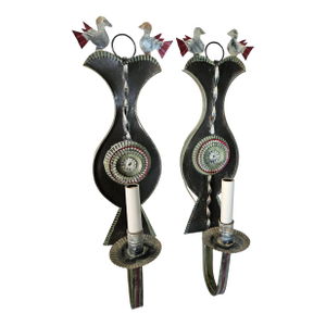 Handmade Polychrome Folky Tin Electrified Sconces - A Pair