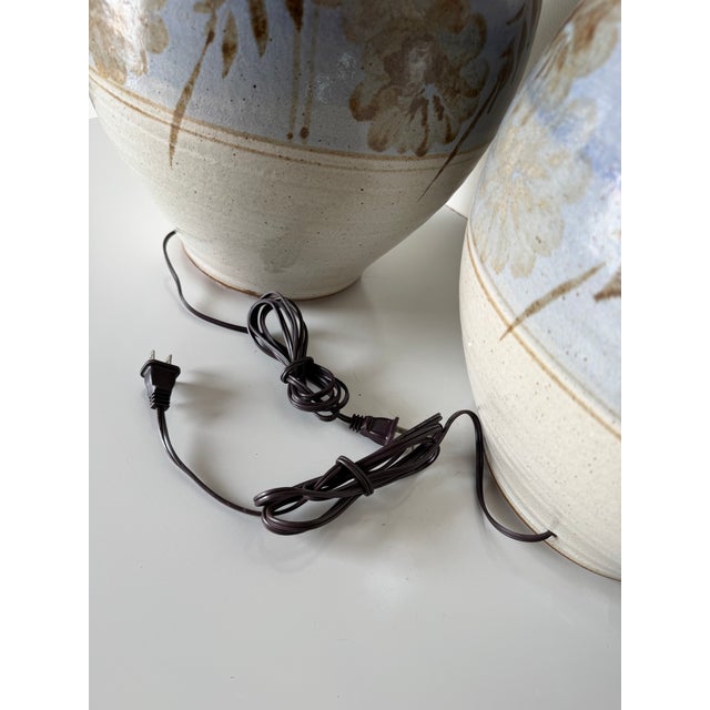 Pair of Vintage Mid-Century California Studio Pottery Stoneware Table Lamps With Hand-Painted Floral Motif For Sale - Image 11 of 12