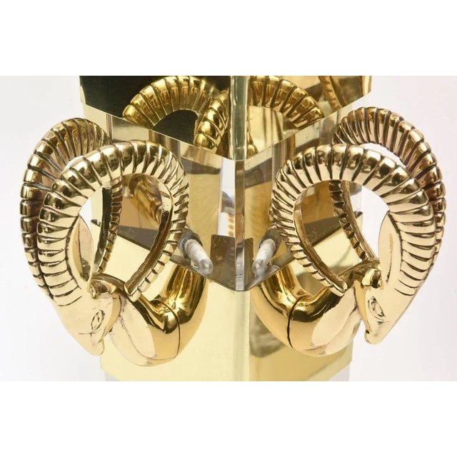 Vintage Hollywood Regency Style Lucite and Polished Brass Ram's Head Wall Sconces Pair Of For Sale In Miami - Image 6 of 11