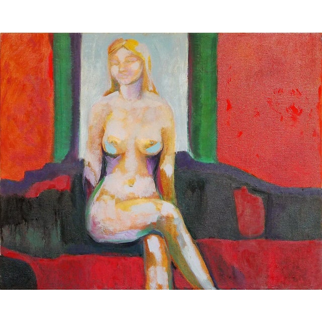 1970s Modern Abstract Red and Green Toned Interior Painting of a Nude Female Figure by Margaret Nobler For Sale