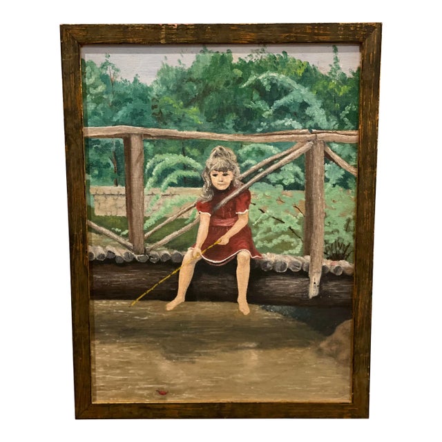 Original Portrait Painting Little Girl Fishing Off Bridge Framed For Sale