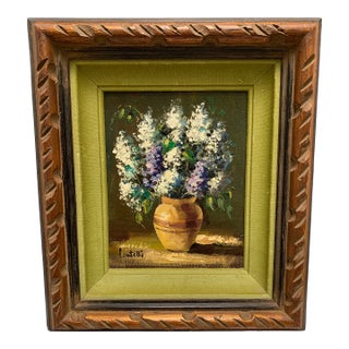 Midcentury Original Oil Painting of Mixed Lilacs in a Crockery Vase For Sale