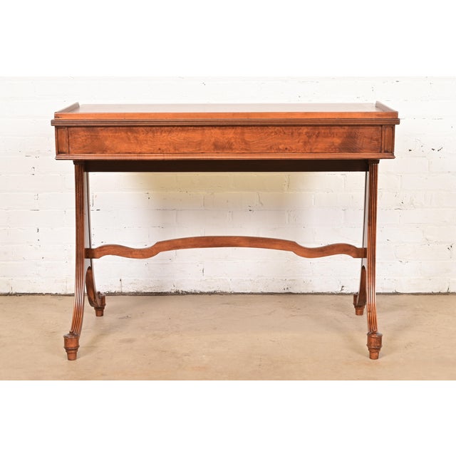 Baker Furniture English Regency Burled Walnut Writing Desk or Console Table, Newly Refinished For Sale - Image 11 of 12